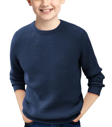 Haloumoning Boys Casual Pullover Sweaters Kids Chunky Crewneck Waffle Knit Jumper Tops 4-14 Years