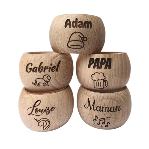 Rond de serviette en bois personnalisé avec prénom et motif gravé – Anneau de serviette artisanal en hêtre – Décoration de table, Art de la table,...