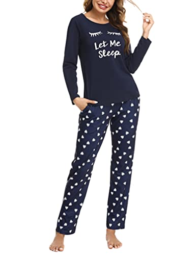 Bresdk Schlafanzug Damen Lang Winter Baumwolle Cartoon-Druck Süß Schlafanzüge für Damen Blau L Cover