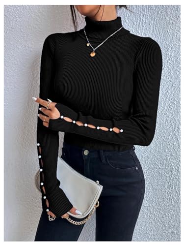 MakeMeChic Women's Rib Knit Turtleneck Cut Out Long Sleeve Slim Fit Fall Sweaters Trendy Pullovers Tops3