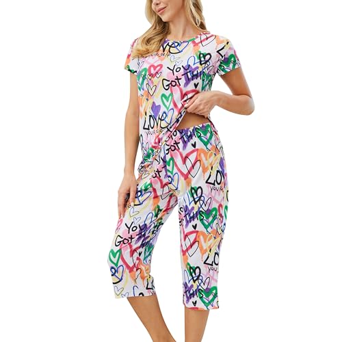 Image of PNAEONG Women Pajama Set Sleepwear Tops with Capri Pants Casual and Fun Prints Pajama Sets