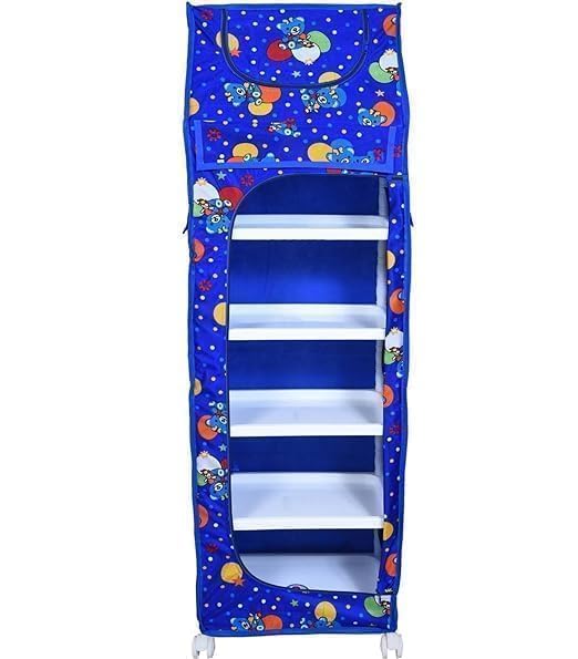 Image of YouCopia Baby Wardrobe Plastic Kids Storage Rack with Fabric Cover & Wheels | 6-Tier Plastic Shelves Organizer | Toy, Book & Clothes Storage Cabinet for Kids Room (Blue)