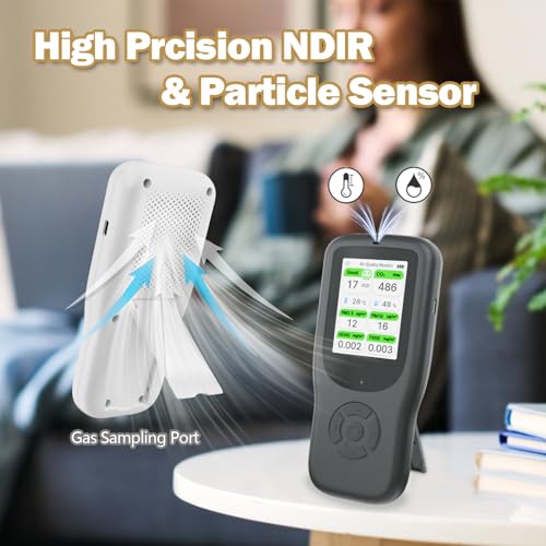 Image of 11-in-1 Air Quality Monitor - Portable Indoor Air Quality Detector with Stand, Real-Time Test for AQI, CO2, PM2.5, PM1.0, PM10, TVOC, HCHO, Particles, Temperature & Humidity with Aler (Black-White)