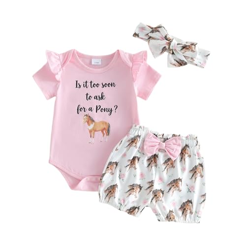 Youweixiong Newborn Baby Girl Western Outfits Cowgirl Summer Clothes Ruffle Short Sleeve Letters Romper Boots Horse Shorts Headband Set (Pink 0-3 Months)