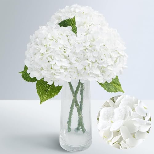 Laelfe 3 Piezas de Hortensias Artificiales Extra Grandes, 70 cm Hortensias de Flores Artificiales de Látex para Decoración de Hogar, Arreglos Florales de Fiesta, Boquetes de Boda, Centrepiezas