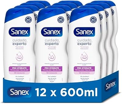 Sanex Cuidado Experto Pro Hydrate Gel de Ducha, Pack 12 Uds x 600ml, Gel de Baño para Piel Muy Seca, Limpia Suavemente, Hidrata y Suaviza la Piel, Complejo Prebiótico y Postbiótico, 12H de Hidratación