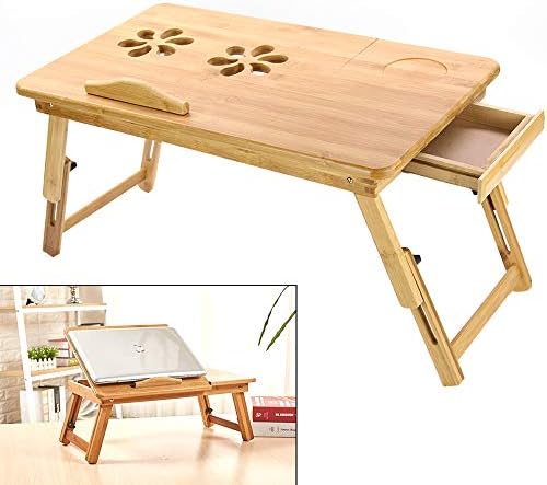Queiting Bamboo Laptop Stand Notebook Table Portable Laptop Adjustable Height and Viewing Angle Sofa Table Laptop Stand with Drawer