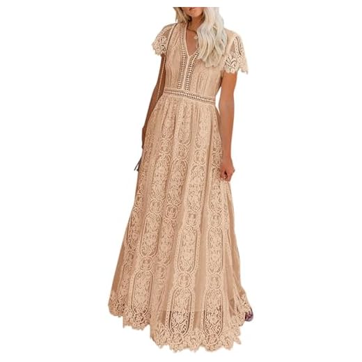 MEROKEETY Women's 2024 V Neck Short Sleeve Floral Lace Wedding Dress Bridesmaid Cocktail Party Maxi Dress, Apricot, Large