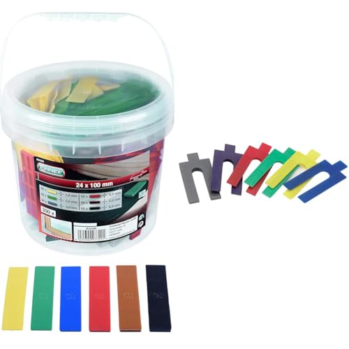 Connex B34300 Lot de 300 cales de vitrage en polypropylène avec rainures pour 6 hauteurs de 1 à 6 mm 100 x 24 mm, Coloré & Draper PP/100 Lot de 100 Cale en plastique