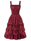 Damen Renaissance Kleid Square Neck Smocked Waist A-Linie Kleid Wein S