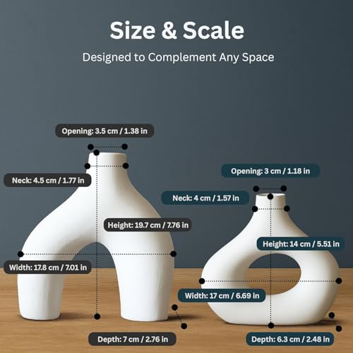 Image of PUREZENTO Abstract White Ceramic Donut Vase 5.4 & 7.7 Inch - Set of 2 | Decorative Unique Modern Vase for Dried Flowers & Pampas Grass | Vases for Modern Home Decor, Living Room, Office Decor Ideas