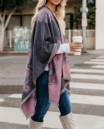 Image of Bestshe Women's Boho Open Front Poncho Plaid Shawl Wrap Cape