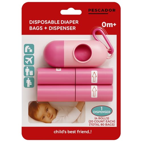PESCADOR 4 Refill Rolls/80 Bags Diaper Bags Disposable for Baby Waste Bags with Dispenser Convenient and Quick Diaper Disposal (PINK)
