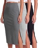 Real Essentials 3 Pack: Women's Midi Ribbed Knit Skirt with Side Slit - Stretchy Work Business...
