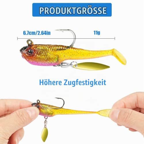 Gummifische Angelköder, 6 Stück Weiche Kunstköder für Forelle Zander & Barsch, Gummiköder Angelausrüstung Mit Spinnerblatt, Jigs Head, Angelsets Paddelschwanz Angel-Jigs für Süß und Salzwasser – Bild 2