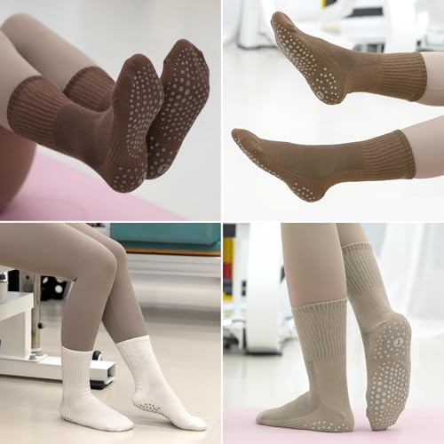floconssy Pilates Socks with Grips for Women, Yoga Non Slip Grippy Crew Socks for Hospital Barre Gym Sticky Slipper Socks 4 Pairs Tan White Size 6-10