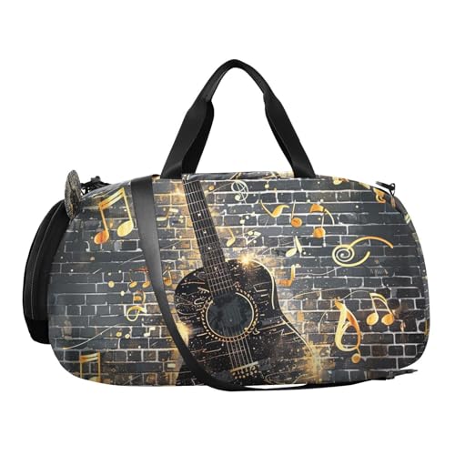 YETTASBIN Sport Travel Duffel Bag for Girls Boys, Gold Guitar Large Waterproof Weekender Overnight Bag, Detachable Shoulder Strap Gym Bag with Shoe Compartment & Wet Pocket2