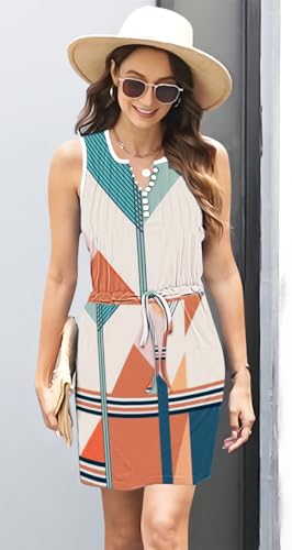 Image of Womens Summer Casual Dresses Drawstring Waist Short Dress with Pockets | Sleeveless Casual Dress,ETCYY Vacation Beach Dress,Striped Sundress,Boho Floral,Mini Dresses,Sexy Sundress,Resort Wear