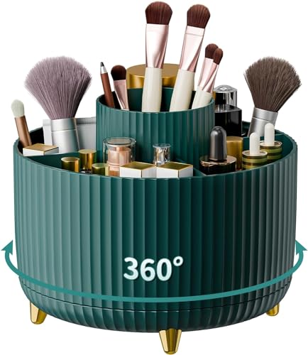 WIWIUXY Makeup Brush Holder Organizer,360° Rotating Makeup Brush Organizer,5 Slot Make up Brushes Cup for Cosmetics, Nail Polish, Art Supply, Bathroom Vanity Desktop Organizer - Green