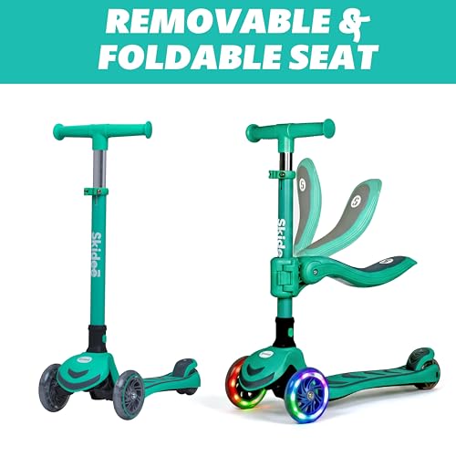 Image of SKIDEE Kick Scooter for Kids Ages 3-5 | Foldable 3 Wheel Scooter with Lean-to-Steer, Adjustable Height, Removable Seat & LED Light Wheels | Toddler Scooter Up to 12 Year Old Boys /Girls