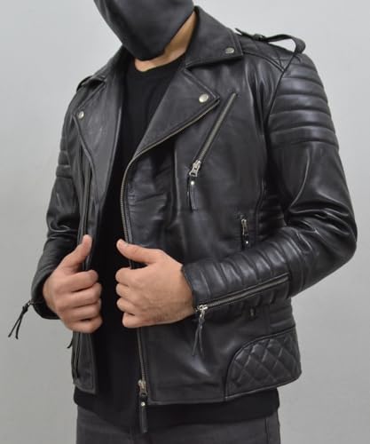 Image of Mens Leather Jacket - Biker Leather Jacket For Men - Lightweight Slim Mens Leather Motorcycle Jackets Black Real Lambskin