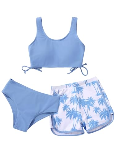 Image of Girl's 3 Piece Bikini Bathing Suit Printed Sport Swimsuits with Shorts Cove Up Sets Teen Girl's Swimwear