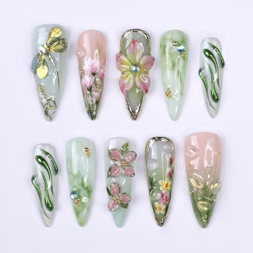 24Pcs Green Press on Nails Long Stiletto Fake Nails 3D Pink Flower Dragonfly with Gold Beads Glitter Designs Spring Summer False Nails Cute Stick on Nails for Women Acrylic Manicure Salon Decorations