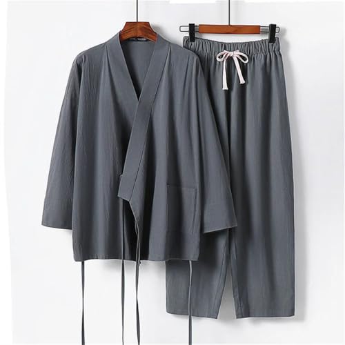 Men's Cotton Linen Two Pieces Sets Lace-Up Kimono Tops Ninth Pants Casual Suit Male Suit2