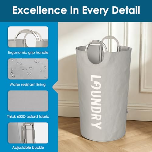 Image of 100L Laundry Basket with Tech Handle, 2in1 Dirty Clothes Hamper Light Grey