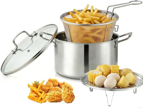 6L/6.4QT Deep Fryer Pot with Basket and Steamer Rack, Stainless Steel by CYFULUSOU - Used condition - US$35.14