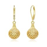 14K Gold Dangle Earrings Hypoallergenic Leverback Dangle Ball Filigree Earrings for Women, ALEXCRAFT Vintage Drop Earring Gold Dangling Dangly Geometric Earings