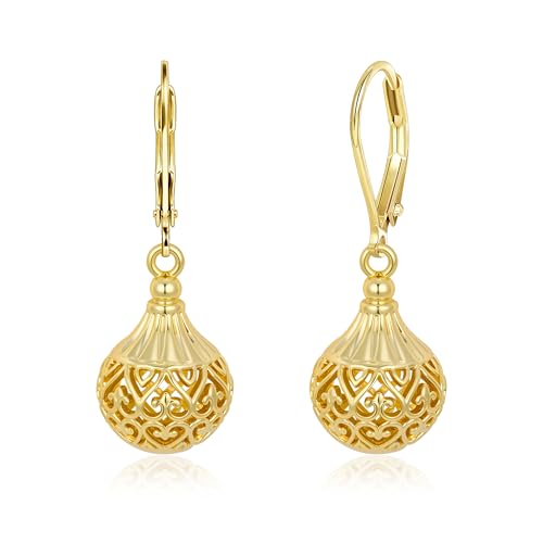 14K Gold Dangle Earrings Hypoallergenic Leverback Dangle Ball Filigree Earrings