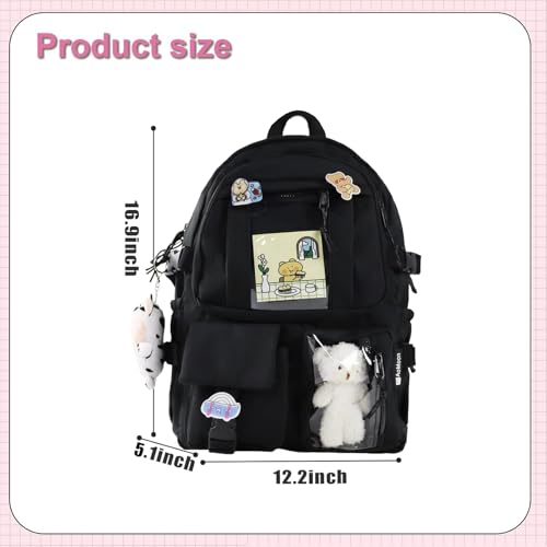 Oxford Cloth Harajuku Style Fresh Sweet Kawaii Campus Backpack Comes with Accessories Campus Travel Backpack with Pins, Black2
