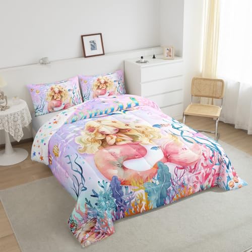 Edredón de sirena para niñas tamaño matrimonial con estampado de escamas de peces de arcoíris 5