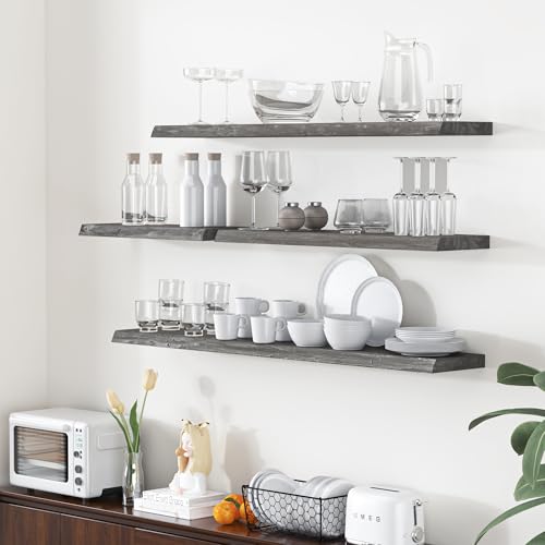 Image of Floating Shelves for Wall, 55 inchx9.3 inch Rustic Solid Live-Edge Elm Wood Wall Shelves, Heavy-Duty Floating Shelves with Invisible Brackets, Set of 2 for Living Room, Bedroom, and Kitchen, Grey Finish