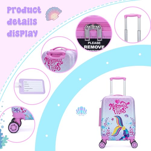 Image of Cute Mermaid Kid's Luggage Set 2 Piece Suitcase Set 16 inch Hardside Luggage with Spinner Wheels Girls Carry on Toddler Travel Rolling Luggage Airline Approved
