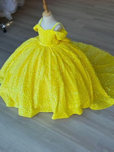 Puffy Bow Flower Girl Dress with Train Sparkly Sequin Formal Ball Gown V Neck Pageant Dresses for Little Girls3
