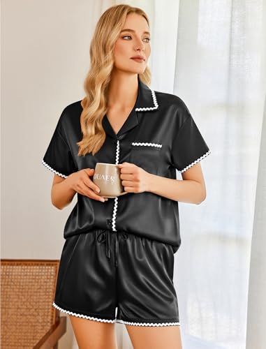 Image of Ekouaer Womens Silk Pajama Sets 2 Piece Satin Pj Set Button Down Shirt and Shorts Lounge Sets Classic with Pockets