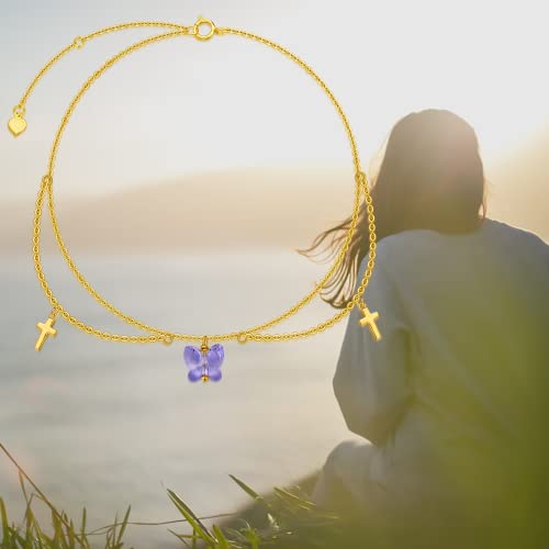 Sisgem 14K Yellow Gold Butterfly Cross Anklets For Women Girls,Real Gold Cross Butterfly Ankle Bracelet Dangle Foot Jewelry Sea Beach Gifts For Birthday Anniversary 8+2 Inch (Purple Butterfly-Cross) #TOP2