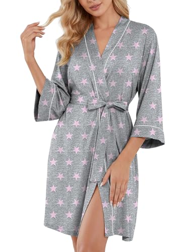 Image of PrinStory Womens Robe Knee Length Soft Knit Bathrobe S-2XL | V-Neck 3 /4 Sleeve Robes with Pockets, Lightweight, Breathable Bath Robe for Shower, Spa, Travel, Home, Party, Nursing