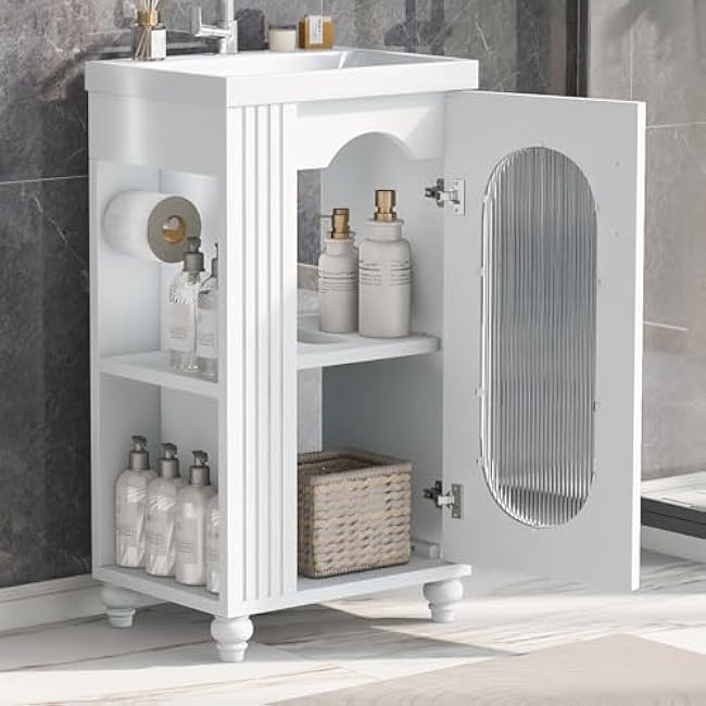 Narrow 20 Bathroom Vanity & Ceramic Sink Combo with Adjustable Shelf, Single Basin Freestanding Storage Cabinet with Toilet Paper Holder for Small Space, White