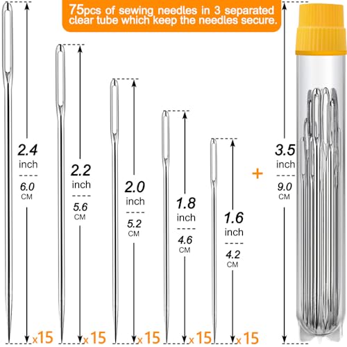 Image of 75 Pack Premium Large Eye Needles for Hand Sewing with 4 Needle Threaders, Assorted Sizes, Embroidery Needles for Hand Sewing, Sewing Needles Large Eye, Big Eye Needle