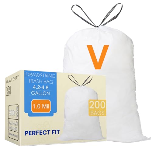 Image of Code V 200 Count 4.2-4.8 Gallon Heavy Duty Drawstring Trash Bags Compatible with simplehuman Code V Garbage Can Liners 4.2-4.8 Gallon 16-18 Liter White