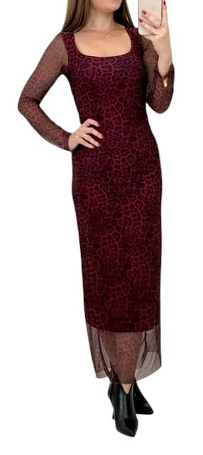 Vestido Midi de Gasa con Estampado de Animal Print, Color Burdeos, con Forro y Corte Elegante