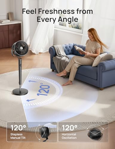 Image of DREO Fan for Bedroom, 120 Oscillating Standing Fans, Quiet Floor Fan with DC Motor, 100ft Pedestal Fans for Room, 9 Speeds, 4 modes, 120 Manual Vertical, 37-42 inch Adjustable Height, 8H Timer