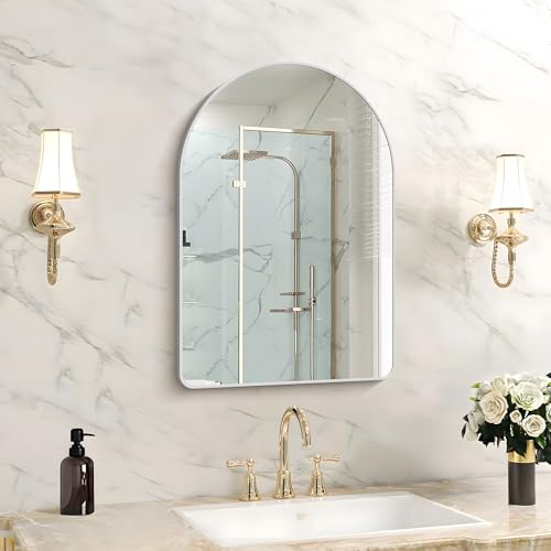 Image of FORBATH Arched Bathroom Mirror 16x24 Inch, Silver Bathroom Mirror Wall Mounted Modern Aluminum Alloy Frame Arch Mirror for Bedroom Living Room Entryway, Hanging or Leaning Against Wall