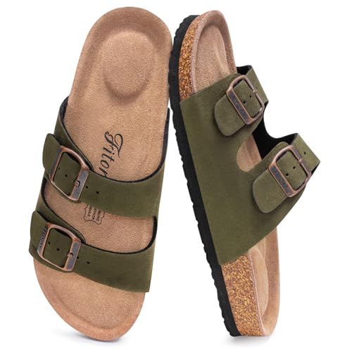 Image of FITORY Womens Flat Sandals with Cork Footbed, Open Toe Arch Support Slides Adjustable Slip On Slippers for Summer 2026 Size 6-11