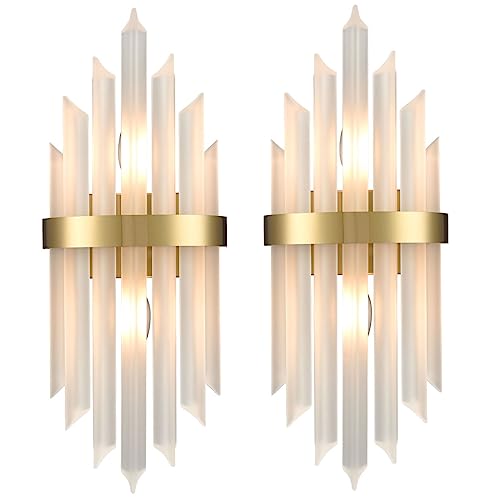HOLKIRT Modern Gold Wall Sconces Set of Two Bath Vanity Light Wall Mounted Light Fixtures with Frosted Glass Rods for Living Room Bedside Hallway Stairway Kitchen,E12 Base