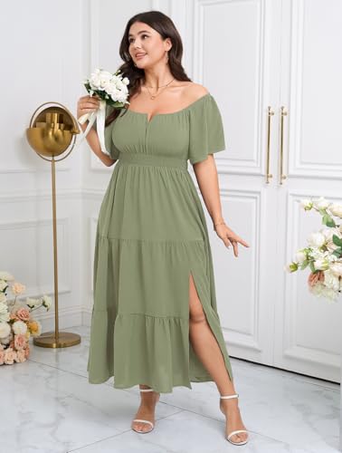 Image of SCOMCHIC Womens Plus Size Maxi Dress Formal Short Sleeve Square Neck Smocked Side Split Flowy A Line Tiered Long Dress