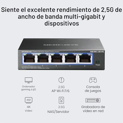 Switch de escritorio de 5 puertos con resistente carcasa metálica y 2,5 GB 5